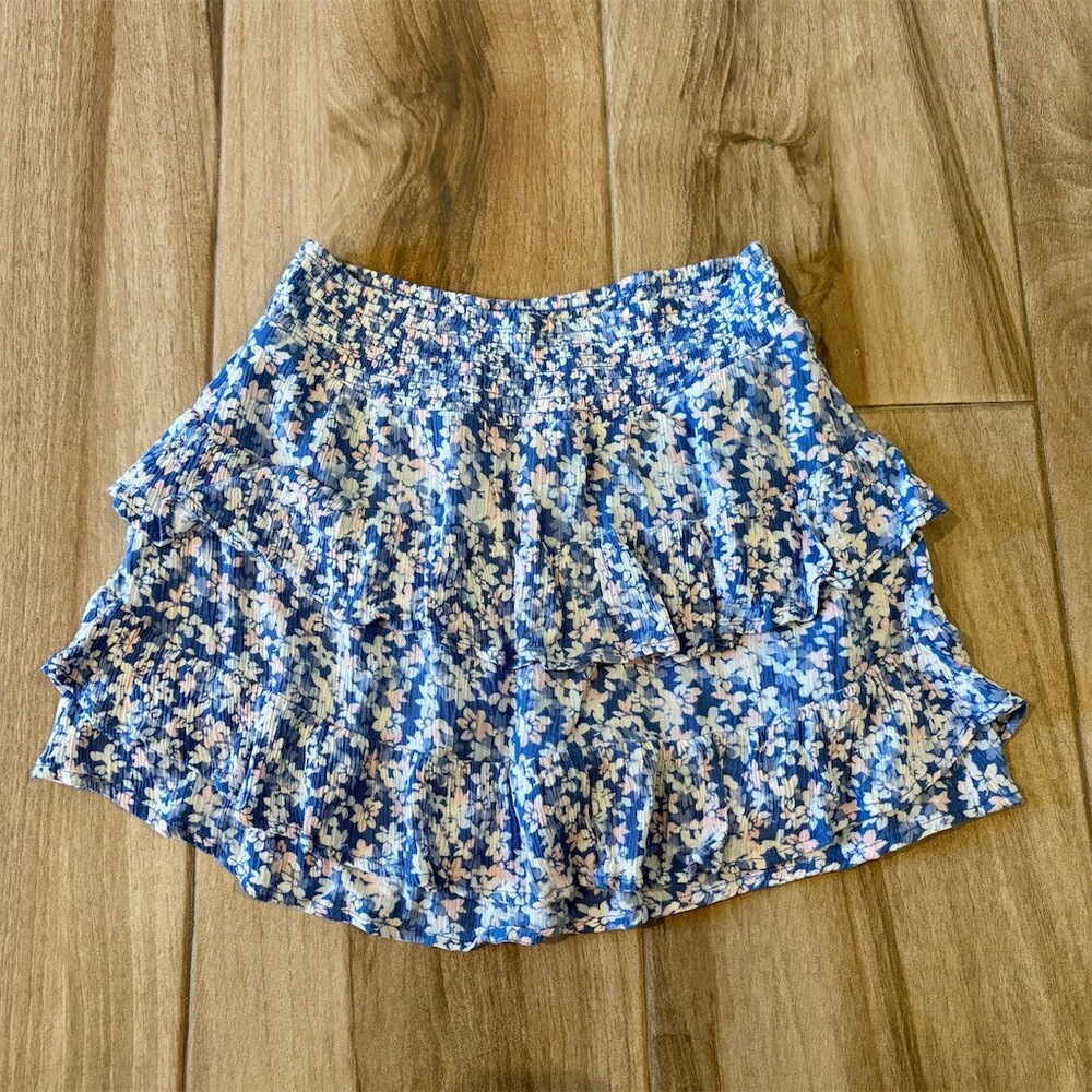 Limited Too Skort Girls L 12/14 Blue Floral Smocked Waist Tiered Ruffle